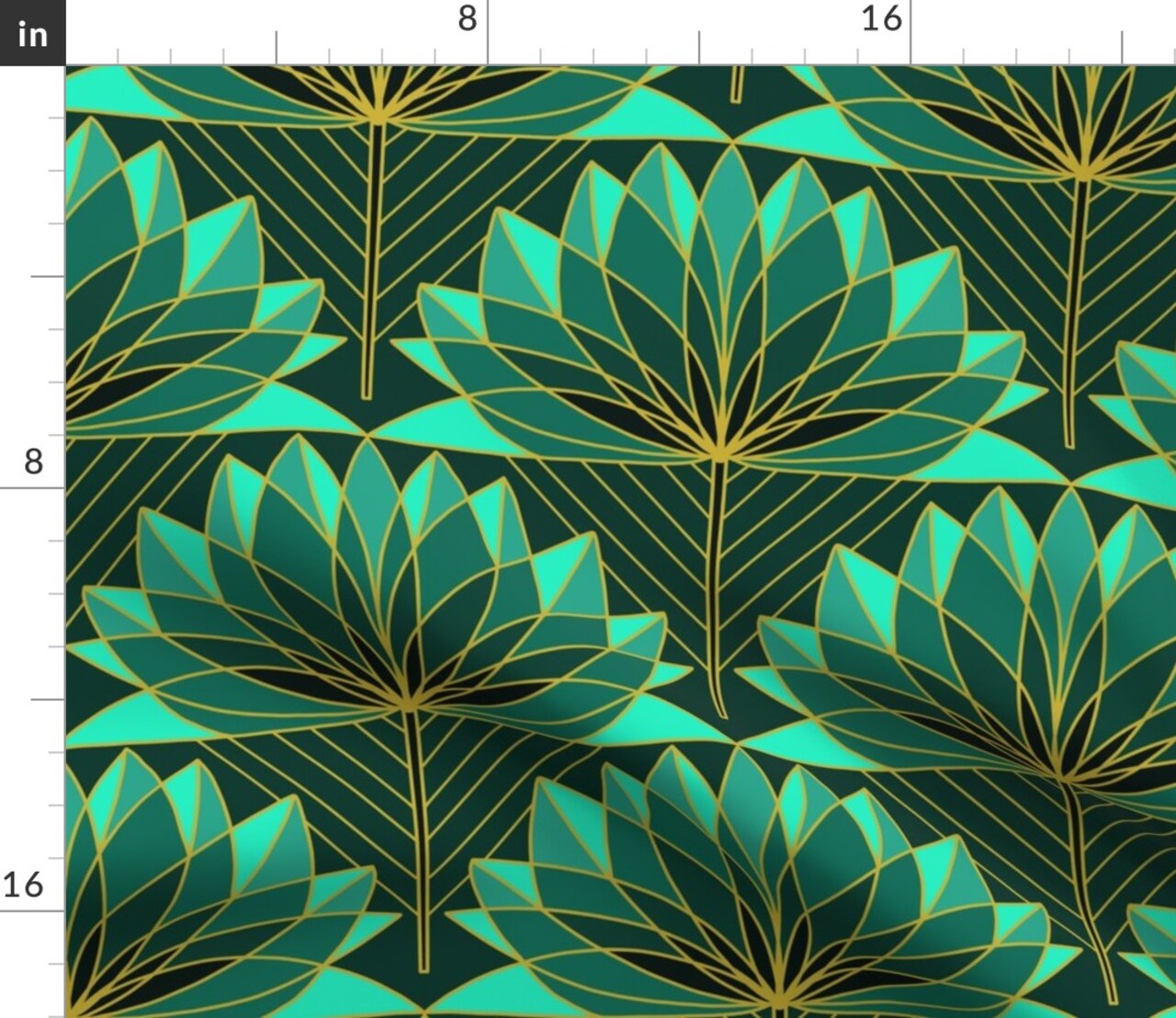Lotus Floral Green Yellow Geometric Scallop Fan Turquoise Luxe Abstract Custom Printed Fabric by Spoonflower Various Fabrics by the Yard or Fat Quarter